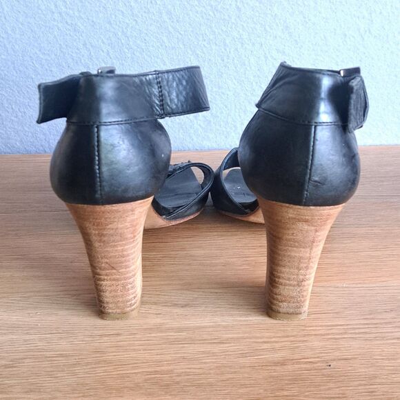 Melin Vintage Leather Ankle Strap Sandals Women 36 Black Block Heel Wood Detail - Picture 3 of 13